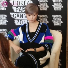 明星李宇春同款长款毛衣低V领宽松几何拼色针织衫长袖连衣裙潮女